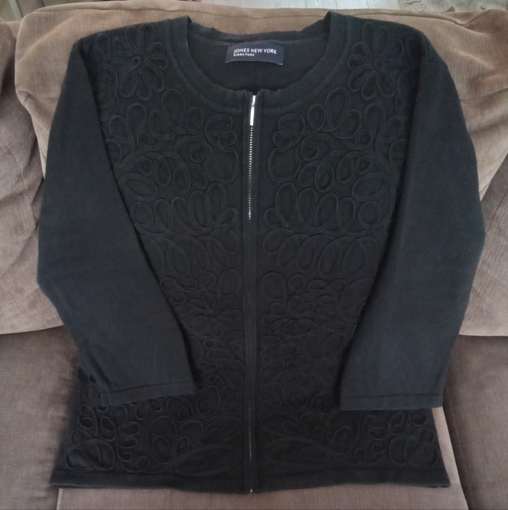 Jones New York Black Soutache Zip Sweater XL
